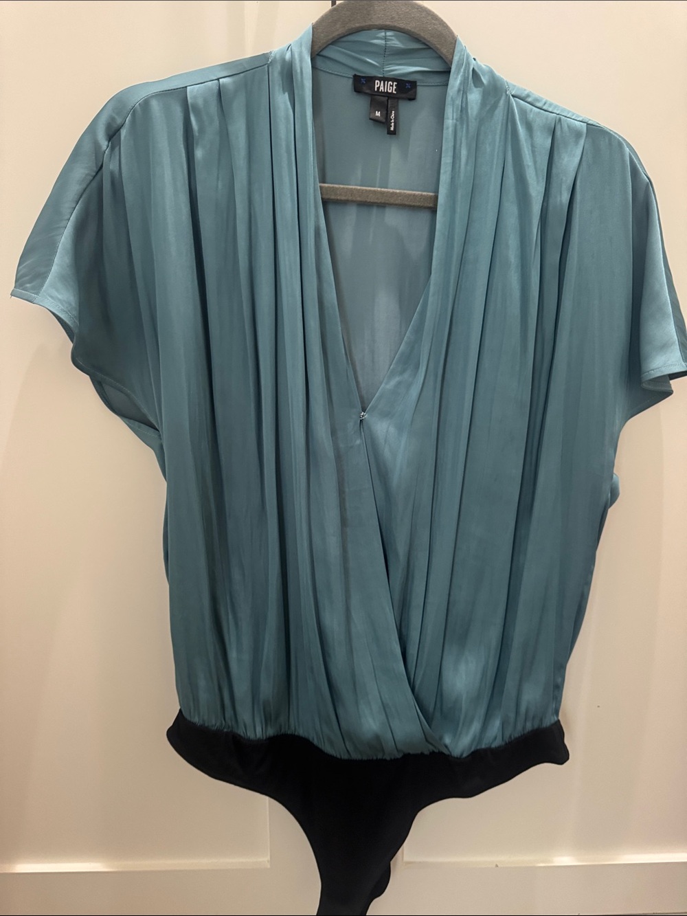 PAIGE Teal Draped V-Neck Bodysuit with Black Hem